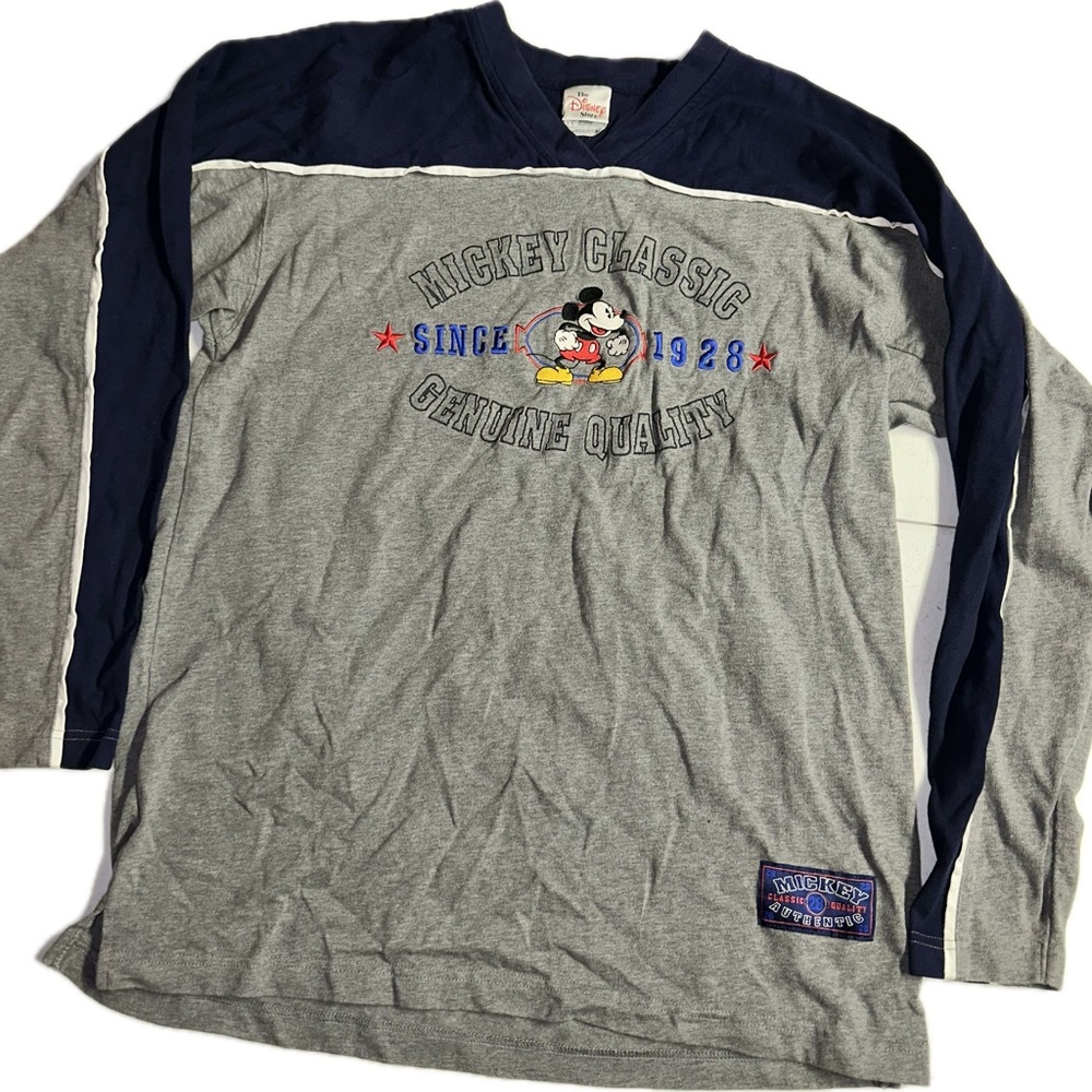 Vintage Y2K Disney Store Mickey Classic Embroidered Long Sleeve V Neck Gray L - Picture 1 of 5